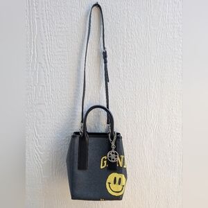 Ganni Black Smiley Face Print Leather Tote Bag Crossbody Shoulder Bucket Purse